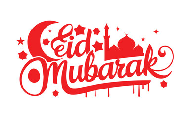 Eid Mubarak handwritten lettering. Modern Calligraphy. Red text Vector lettering isolated on white background. Eid Mubarak hand drawn lettering with mosque for your design