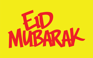 Eid Mubarak handwritten lettering. Modern Calligraphy. Red text Vector lettering isolated on yellow background. Eid Mubarak hand drawn lettering for your design