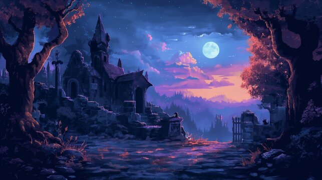 Pixel art night ruins