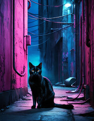 Mysterious Feline Prowler in Neon-Lit Urban Alley: A Captivating Digital Illustration | This striking digital illustration depicts a black cat sitting in a dark, neon-lit alley, creating an eerie