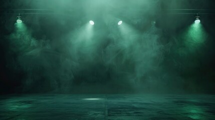 The dark stage shows, dark green background, an empty dark scene, neon light, and spotlights and studio room with smoke float up the interior texture for display products - generative ai - obrazy, fototapety, plakaty
