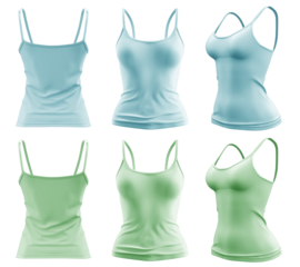 2 Set of woman pastel green turquoise blue, front, back and side view Spaghetti thin strappy Strap Camisole tank cami Top on transparent cutout, PNG file. Mockup template for artwork graphic design