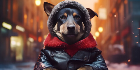 Stylish Canine Adventurer Explores City Nightlife in Winter - Banner - obrazy, fototapety, plakaty