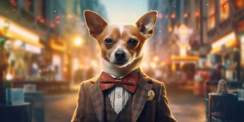 Dapper Canine Gentleman Dominates Urban Nightlife Scene in Stylish Attire Banner - obrazy, fototapety, plakaty