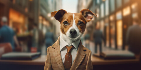 Dapper Dog in Suit Ready for Business Adventure in the City Banner - obrazy, fototapety, plakaty