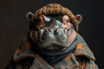 Enigmatic Anthropomorphic Hippo Portrait with Winter Attire Banner