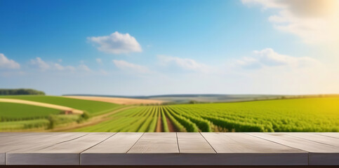 Empty wooden table, counter desk with blurred agricultural field background. Copy space for your promo, text or logo brand. Wood plank board, natural farming view. Blank tabletop, grapes, vineyard - obrazy, fototapety, plakaty