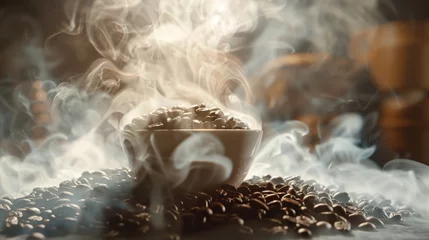 Foto op Aluminium A cup of hot coffee and freshly roasted coffee beans background with copy space © Sunday Cat Studio