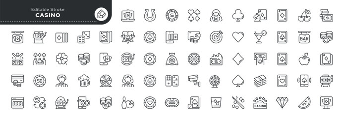 Set of line icons in linear style. Series - Casino, poker, card games. Playing cards, chips, lottery, roulette, slot machine. Outline icon collection. Conceptual pictogram and infographic.	 - obrazy, fototapety, plakaty
