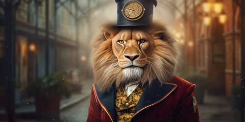 Majestic Lion in Regal Attire Strolls Through Victorian Cityscape Banner - obrazy, fototapety, plakaty