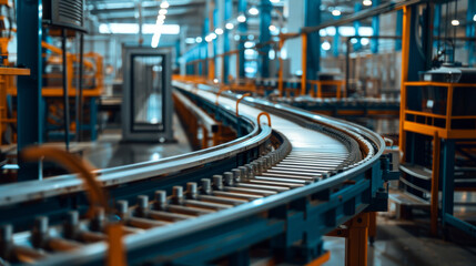 A empty conveyor belt in a factory, production lines idle, factories shut down and production halts concept. - 770858763