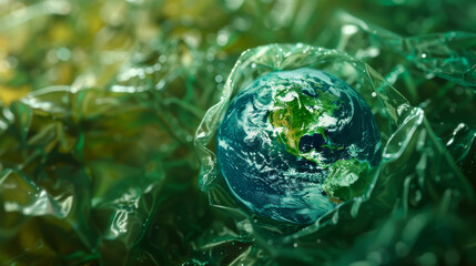 Earth globe inside a plastic bag, planet vs. plastics, pollution concept. - 770858901