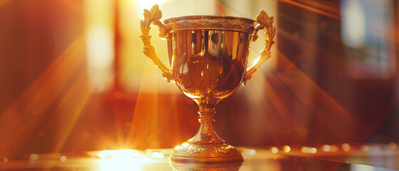 A victorious golden trophy cup gleamed on a polished surface - obrazy, fototapety, plakaty