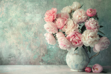 Bouquet of peonies in a ceramic pitcher with a textured backdrop, spring background.