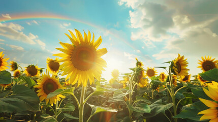 A field of sunflowers turns its golden faces toward the sky, soaking in the warmth of the sun's rays and radiating a sense of joy and optimism. - 770859194