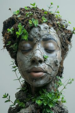 Sculpture of mother Earth, beautiful young woman made of rock with plants and flowers. Environment concept.
