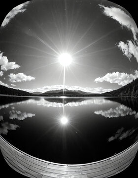 Radiant Reflection: Vintage Fisheye Landscape Photography | This striking black and white image captures a serene lake surrounded by mountains, with a dramatic sunburst reflecting