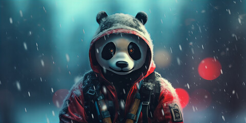 Enigmatic Panda Adventurer Braves Snowy Urban Jungle Banner