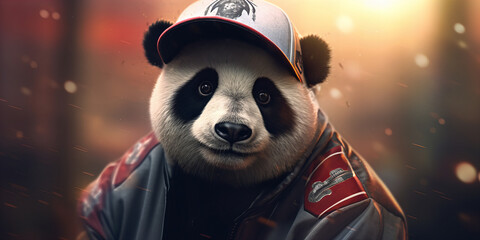 Stylish Panda Portrait in Cap and Jacket Against Shimmering Backdrop Banner