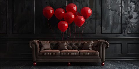  Dark interior with red balloons and a sofa. Birthday party  Interior of living room with sofa, tables and red balloons.