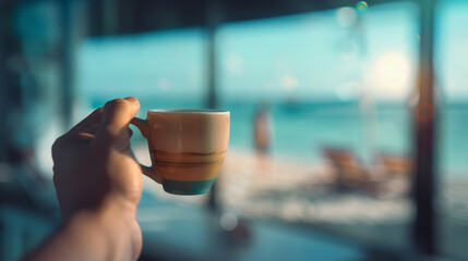 Coffee cup paradise beach, working too hard, burnout and missing the holiday life and travel. - obrazy, fototapety, plakaty