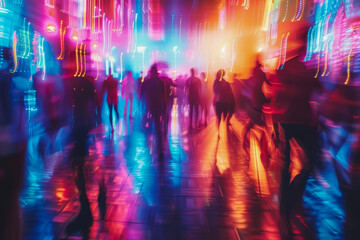 Obraz premium Vibrant Nightlife Crowd Blurred by Colorful Lights