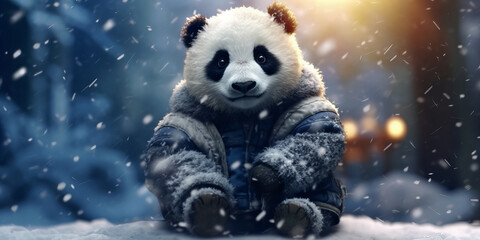 Adorable Bundled-Up Panda Enjoys Glistening Snowfall in Magical Winter Wonderland Banner