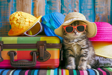 Kitten wearing sunglasses and a sun hat, sitting beside a colorful luggage suitcase filled with vacation essentials, travelling with pet companion concept.