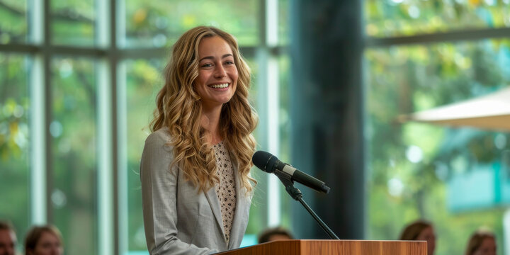 Female speaker at a podium smiling as she addresses an audience in a conference room - Powered by Adobe