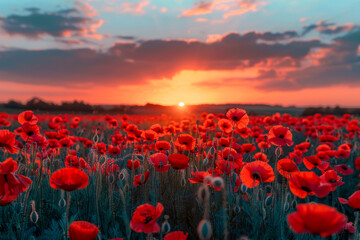 Red poppies basking under the warm glow of a setting sun