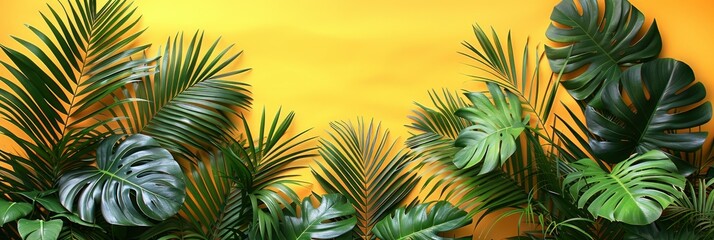 Fototapeta na wymiar Tropical Palm Leaves On Yellow Background, Background HD, Illustrations