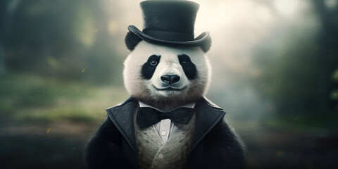 Elegant Panda Dressed in Victorian Attire Poses for Enchanting Banner