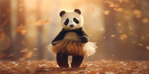 Enchanting Autumn Ballet: Graceful Panda Dancer Among Golden Sunlit Leaves Banner