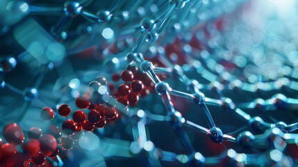 Close up of medicinal molecules, molecular structures, biochemistry and chemistry concept.