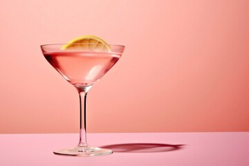 Pink Cocktail with Lemon Slice in a Martini Glass on Pink Surface
