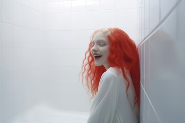 a girl in white clothes and red hair, in white room - obrazy, fototapety, plakaty