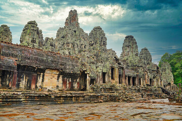 Bayon Temple - Masterpiece of Khmer Architecture built as a Buddhist temple by Jayavarman VII with...