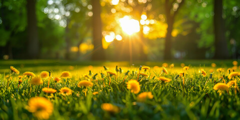 Vibrant park scene with dandelions and green grass, trees in the background - obrazy, fototapety, plakaty