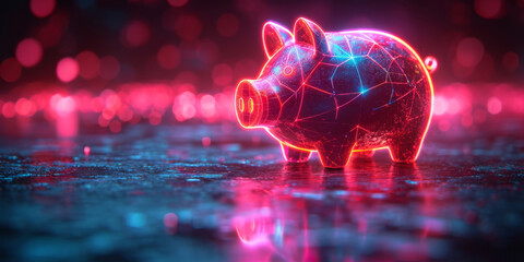 A radiant neon piggy bank on a blue cybernetic background