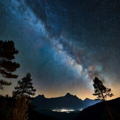 star-filled night sky, with the Milky Way stretching across the darkness like a shimmering ribbon, framed by silhouettes of mountains or trees.