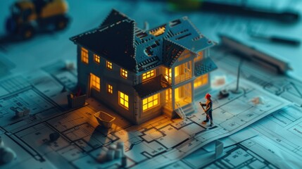 House building miniature on blueprint with construction worker - obrazy, fototapety, plakaty