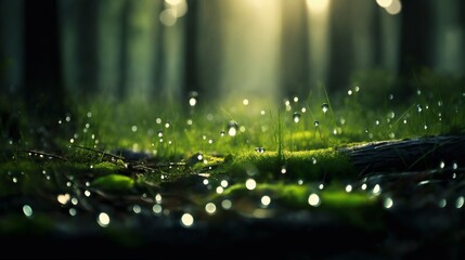 a beautiful spring landscape with dew on the grass in a forest glade after rain, sunlight and...