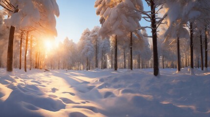 beautiful winter landscape, snow covered forest at sunset, sunlight and beautiful nature - obrazy, fototapety, plakaty