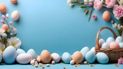 Easter poster backdrop template featuring a light blue background and Easter eggs nestled inside. Salutations and gifts on this Easter Sunday