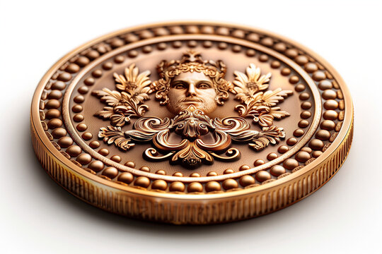 An ornate golden medallion featuring a regal figure, possibly a king or ruler. The intricate designs and patterns add to its historical and cultural significance. - Powered by Adobe