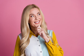 Photo of lovely clever corporate lady hand touch chin toothy smile look empty space isolated on...