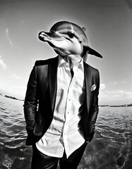 Aquatic Fashion Icon: Anthropomorphic Dolphin Model in Monochrome Splendor | This striking black and white image captures an anthropomorphic dolphin dressed in a stylish suit, posing against a ba - obrazy, fototapety, plakaty