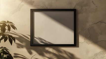 Sleek Black Frame Mockup with Subtle Shadow on a Neutral Wall - Ideal for Modern Art Display.