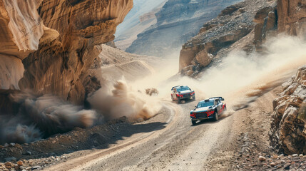 Canyon duel, rally cars overtaking on narrow roads, dust and gravel frozen in dynamic action - obrazy, fototapety, plakaty