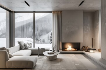 A minimalist living room with an elegant fireplace, large windows overlooking the winter landscape, and comfortable seating